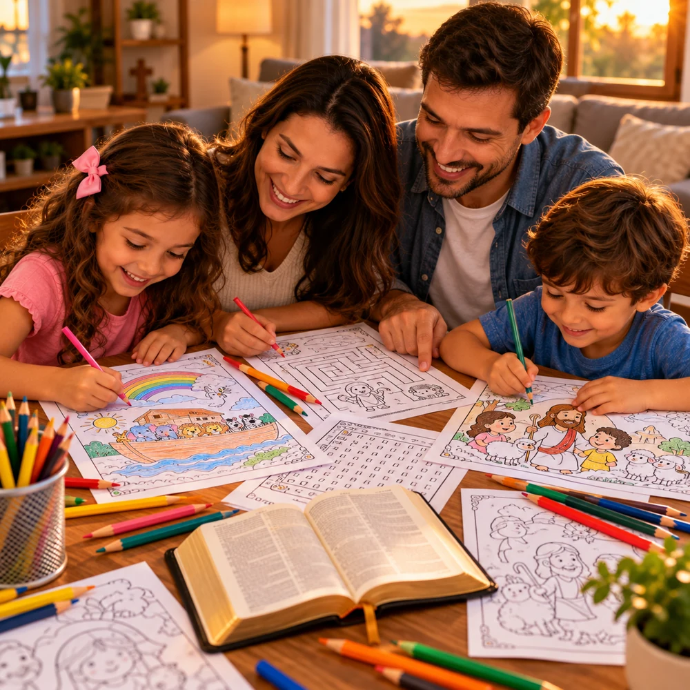 Pais e filhos juntos à mesa colorindo histórias bíblicas