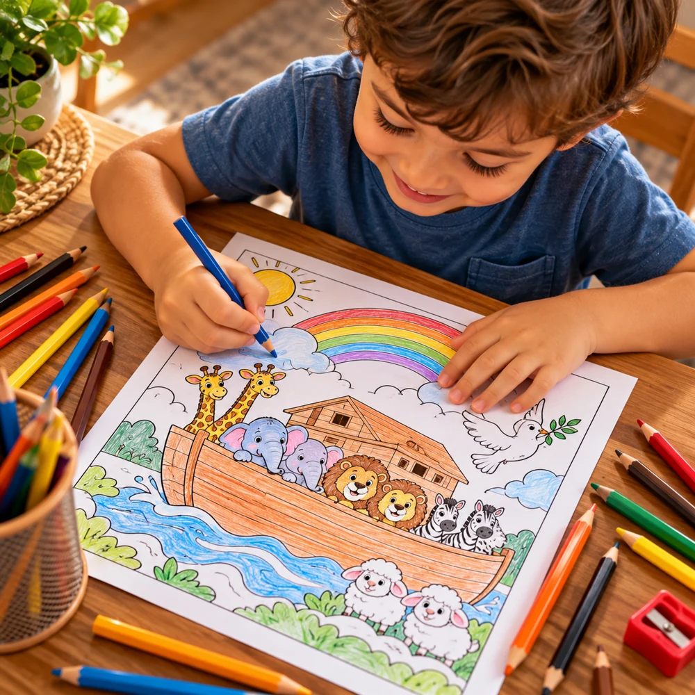 Menino feliz colorindo a arca de Noé com lápis de cor, longe das telas