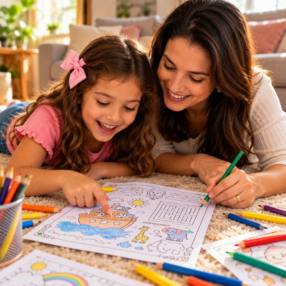 Mãe e filha sorrindo enquanto fazem atividades bíblicas juntas
