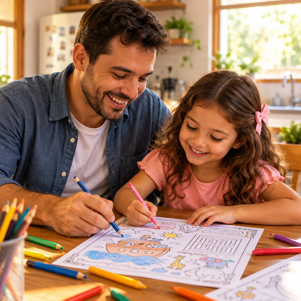 Pai e filha compartilhando um momento de diversão com atividades bíblicas